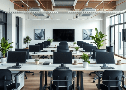 Alt text: "Modern empty office interior featuring desks with computers, potted plants, and an exposed ceiling design, reflecting traditional corporate and startup office aesthetics."