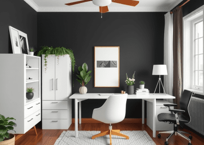 Home office featuring black walls, white modern furniture, and potted plants on the desk, showcasing a minimalist design ideal for a small sitting room office or a dual desk setup.