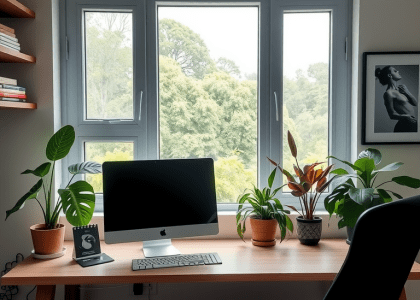 Modern small home office setup featuring a desk with a computer in front of a window, surrounded by potted plants, embodying minimalist design and aesthetic appeal for couples and small spaces.