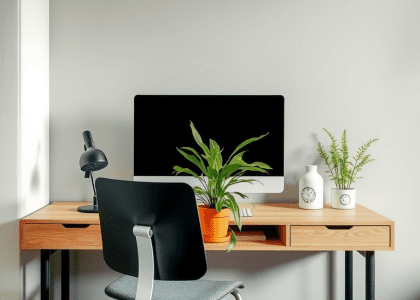 "Minimalistic home office setup featuring a sit-stand desk with a computer, ergonomic chair, and a potted plant in front of the monitor, showcasing creative ideas for standing desks in a home office environment."