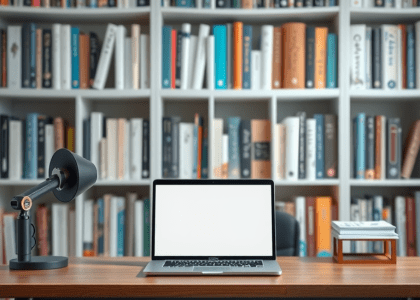 A modern home office with a sleek desk and a laptop, positioned in front of an organized bookshelf, showcasing a stylish and functional workspace perfect for small office design and luxury office furniture.