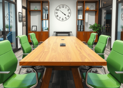 Wooden table with green chairs in a small modern office meeting room, featuring minimalist design and an industrial theme, complemented by a wall clock.