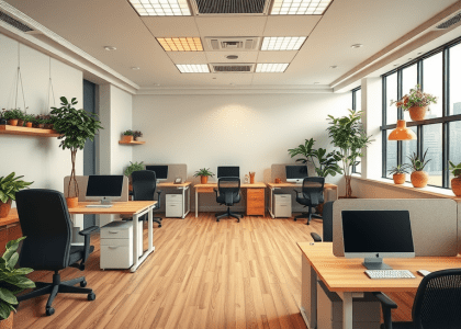 Alt text: "Modern open space office interior design featuring empty desks and computers along the walls, planters, and an open ceiling, representing a contemporary VFX studio environment."