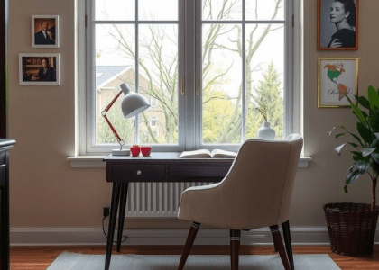 A cozy tiny home office featuring a desk and chair, a lamp, and pictures on beige walls above it, located in front of a window in a bedroom setting.