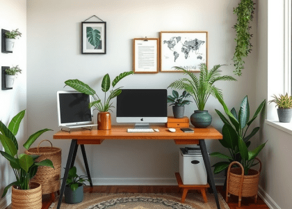 Tropical home office setup featuring creative desk decor with greenery plants, whimsical design elements, and natural office aesthetics ideal for work from home inspiration and office goals.