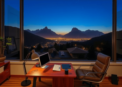 Alt text: "Dark office setup featuring a wooden desk and chair, with a large window showcasing a nighttime mountain view, embodying a modern masculine aesthetic ideal for solopreneurs."