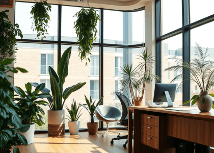 Alt text: "Bright office space featuring large windows, abundant corner plants, and a wooden desk, embodying an elegant Old Money style with a blend of Safari and Tropical influences, perfect for a midcentury modern work nook."