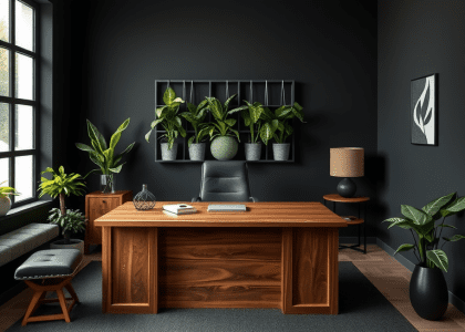 Minimalist office design featuring black walls adorned with greenery, a large wooden desk, and a modern aesthetic perfect for a home office setting.
