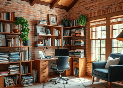 Home office featuring stylish brick walls, a computer desk, and abundant books on shelves, showcasing a rustic loft and edgy office design aesthetic.