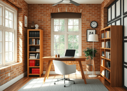 Home office featuring a stylish white brick wall, a wooden desk and chair, a well-organized bookshelf, and a large window, creating a modern loft workspace ambiance.
