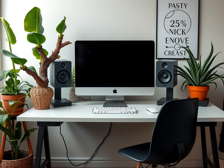 A stylish workspace featuring a desk with a computer, surrounded by vibrant potted plants, embodying a tropical office aesthetic ideal for remote work and creative projects.