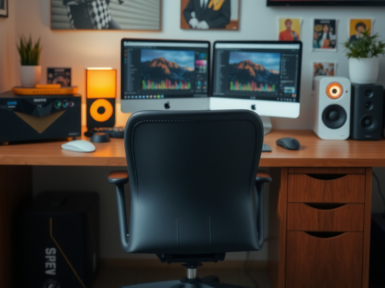 A stylish chair in front of a computer desk surrounded by lush greenery, showcasing an industrial loft design in a modern home office setup, perfect for a dream office or home studio.