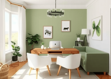 Cozy home office featuring sage green and white decor, with an olive green desk setup, green accents, and a corner desk, ideal for study and work, showcasing green and gold office ideas and a green couch for comfort.