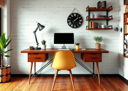 Vintage industrial metal desk in a modern loft home office setup, featuring stylish workspace elements for an inspiring office environment. Perfect for work-from-home arrangements, showcasing unique decor and furniture that enhances productivity and creativity. Ideal for motivation and interior design inspiration, suited for Instagram sharing with relevant hashtags like #desksetup and #homeofficedesign.