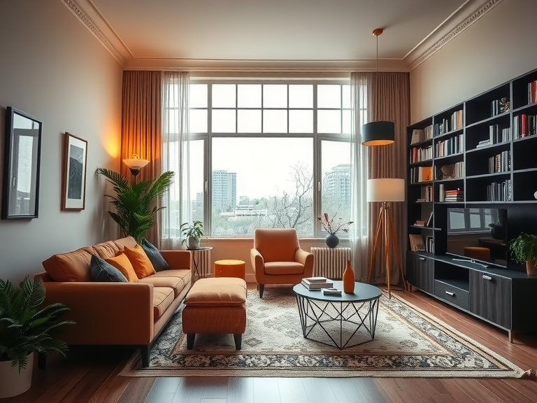 Elegant home office with a stylish bookshelf, modern furniture, and a large open window, showcasing French style and luxury design, perfect for a feminine and classy workspace.