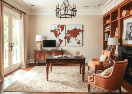 Elegant French Country home office featuring vintage furniture, natural light, and rustic decor elements.