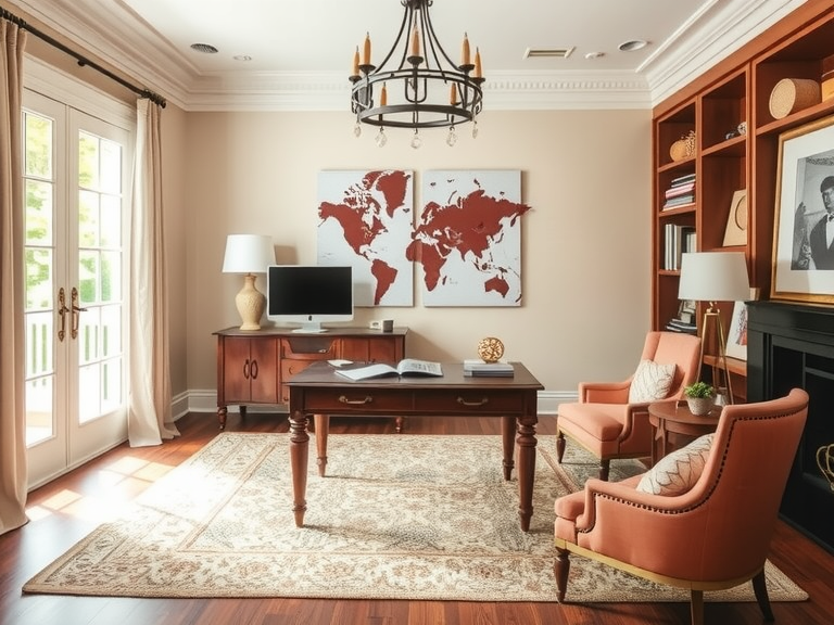 Elegant French Country home office featuring vintage furniture, natural light, and rustic decor elements.