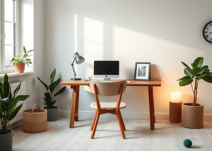 "Scandinavian home office featuring soft white walls, a wooden desk with rich grain texture, natural light, ambient lamps, a plush muted rug, and potted plants, creating a serene and inviting workspace ideal for productivity and relaxation."