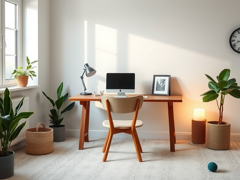 "Scandinavian home office featuring soft white walls, a wooden desk with rich grain texture, natural light, ambient lamps, a plush muted rug, and potted plants, creating a serene and inviting workspace ideal for productivity and relaxation."