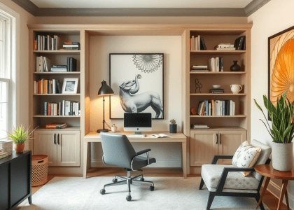 Classy home office featuring built-in bookshelves and a spacious desk, designed with feminine decor elements, big windows for natural light, and aesthetic touches for a stylish writing and study space.