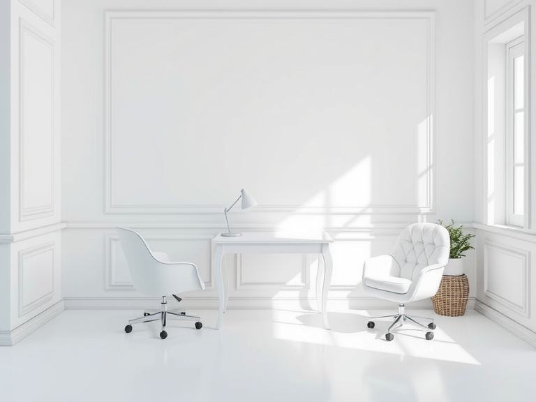 A cozy white home office featuring two stylish chairs and a desk, showcasing feminine decor and inspiring office designs, perfect for workspace inspiration and dream office setups.