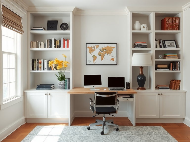 Home office with built-in bookshelves and a stylish desk, featuring a transitional design, feminine library aesthetic, and French provincial elements, ideal for a study lounge or fancy workspace.
