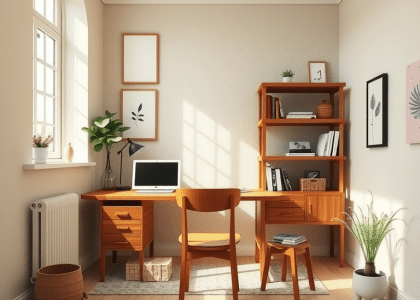 Scandinavian home office with beige aesthetic, warm wooden desk and comfortable chair, natural light filtering through large window, textured walls with simple art, reclaimed wood shelves with books and mementos, cozy and uncluttered workspace promoting calm and focus.