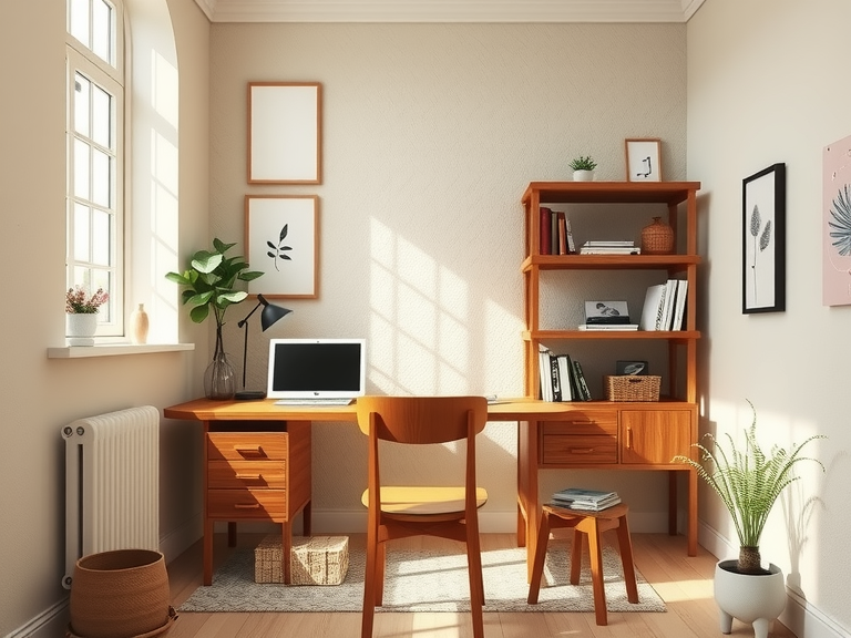 Scandinavian home office with beige aesthetic, warm wooden desk and comfortable chair, natural light filtering through large window, textured walls with simple art, reclaimed wood shelves with books and mementos, cozy and uncluttered workspace promoting calm and focus.
