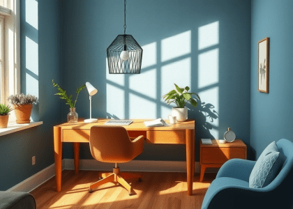 Scandinavian home office featuring serene blue tones, warm wooden furniture accents, large windows allowing natural light, textured walls, polished wooden floor, simple desk with plants and notepads, creating a warm and inviting ambiance for creativity and focus.