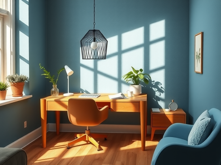 Scandinavian home office featuring serene blue tones, warm wooden furniture accents, large windows allowing natural light, textured walls, polished wooden floor, simple desk with plants and notepads, creating a warm and inviting ambiance for creativity and focus.