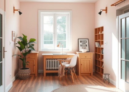Soft pink walls and natural wood elements in a Scandinavian home office with a minimalist desk by a large window, rustic hardwood floor, cozy woven throw, and a potted plant, creating an inviting atmosphere for productivity and inspiration.