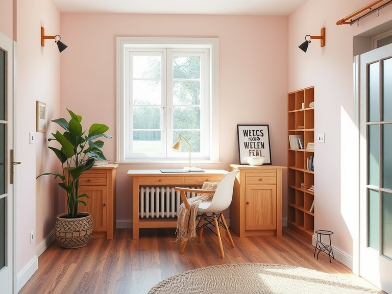 Soft pink walls and natural wood elements in a Scandinavian home office with a minimalist desk by a large window, rustic hardwood floor, cozy woven throw, and a potted plant, creating an inviting atmosphere for productivity and inspiration.