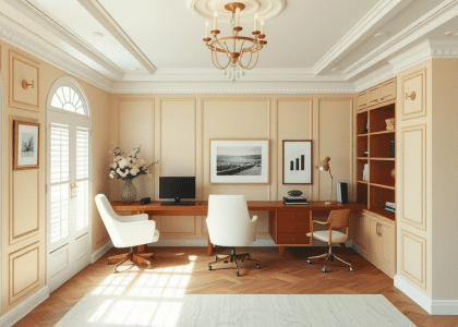 Elegant home office featuring white chairs and wooden desks built into the ceiling, showcasing French style and neutral colors, perfect for Mediterranean and French country design inspiration, reflecting an old money aesthetic in a modern English office setting.