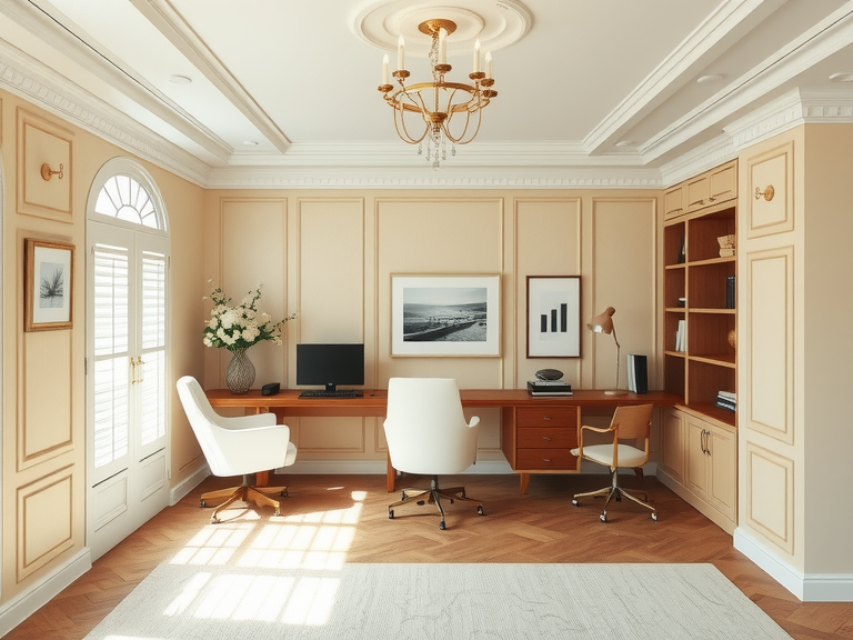 Elegant home office featuring white chairs and wooden desks built into the ceiling, showcasing French style and neutral colors, perfect for Mediterranean and French country design inspiration, reflecting an old money aesthetic in a modern English office setting.