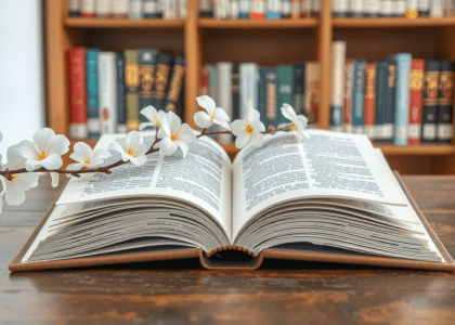 An open book resting on a wooden table in a feminine home office, surrounded by bookshelves and adorned with white flowers, showcasing elegant decor ideas for a sophisticated work-from-home setup.