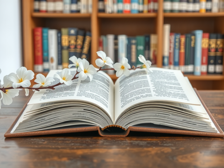An open book resting on a wooden table in a feminine home office, surrounded by bookshelves and adorned with white flowers, showcasing elegant decor ideas for a sophisticated work-from-home setup.