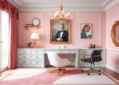 Elegant home office with pink and gold decor, featuring feminine touches and luxurious accents, ideal for an office baddie aesthetic and French-inspired design, perfect for a classy workspace update.