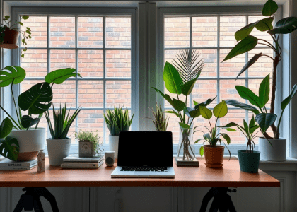 A stylish home office featuring a desk with a laptop in front of two large windows adorned with various plants, embodying a forest office aesthetic and serving as inspiration for home office design and decor tips.