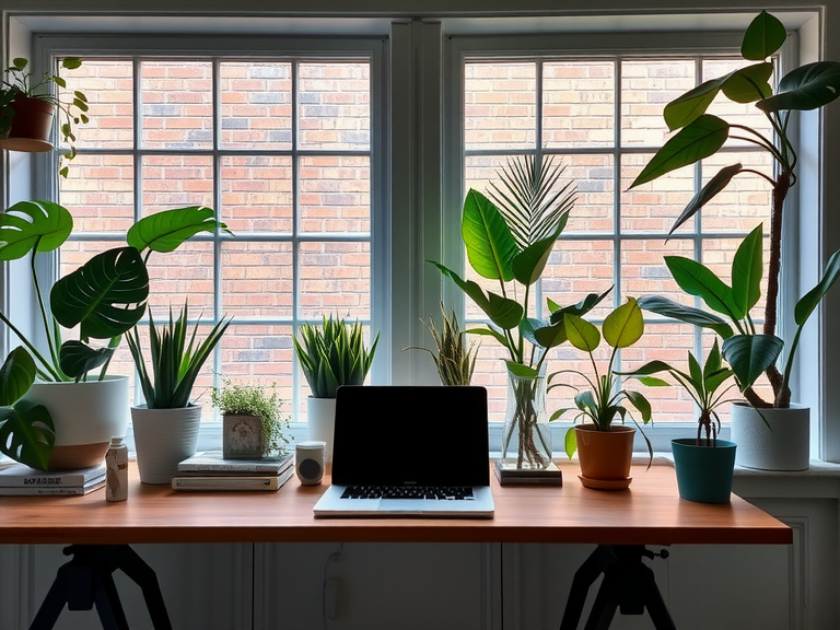 A stylish home office featuring a desk with a laptop in front of two large windows adorned with various plants, embodying a forest office aesthetic and serving as inspiration for home office design and decor tips.